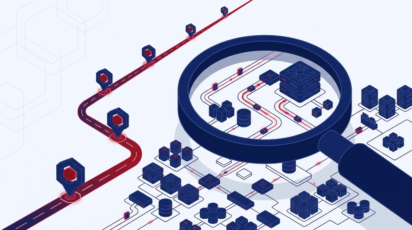 Isometric illustration: a magnifying glass over a cloud infrastructure blueprint, inspected nodes and pipelines highlighted along a milestone roadmap