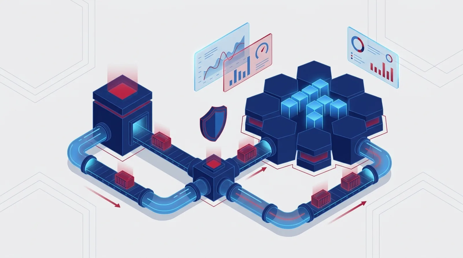 Illustration isométrique : une chaîne CI/CD achemine des conteneurs vers une grappe Kubernetes, sous des tableaux de bord de supervision