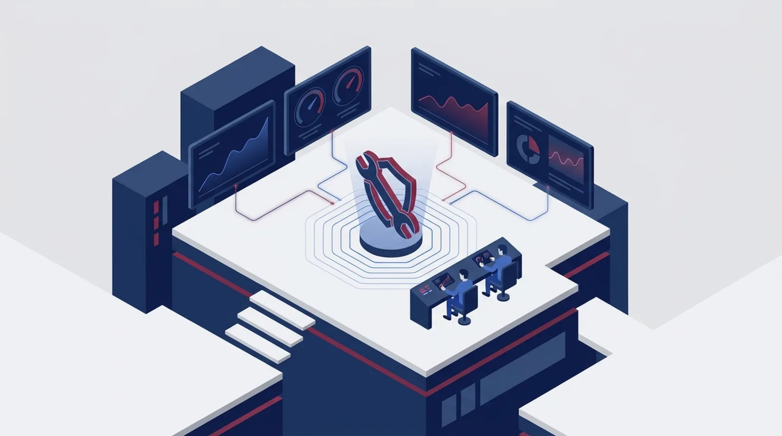 Illustration isométrique : salle de pilotage d'exploitation, tableaux de disponibilité et jauges de performance d'une plateforme en production