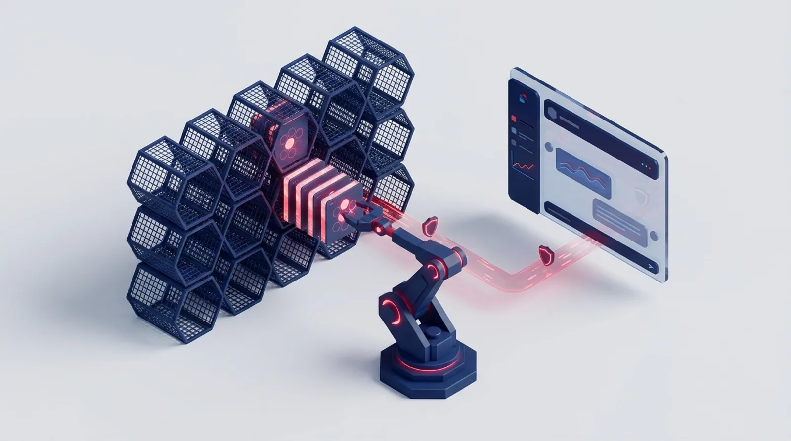 Illustration isométrique : un assistant robotisé extrait des documents d'une archive et les transmet à une interface de conversation