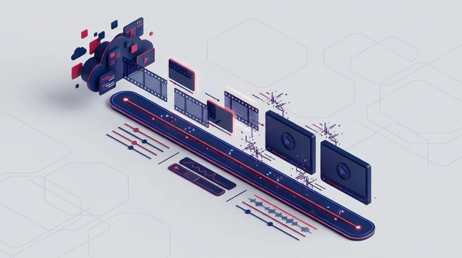 Illustration isométrique : pipeline de création vidéo par IA, images de film assemblées le long d'une ligne de montage lumineuse