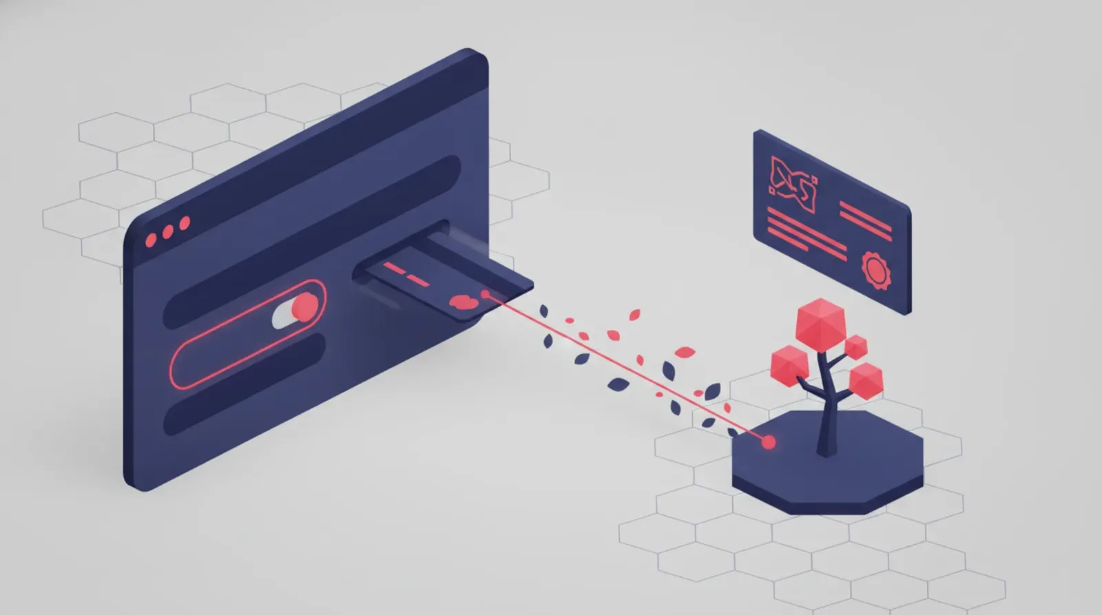 Illustration isométrique : un panneau de paiement en ligne relié par un fil lumineux à un petit arbre stylisé, un certificat flottant au-dessus