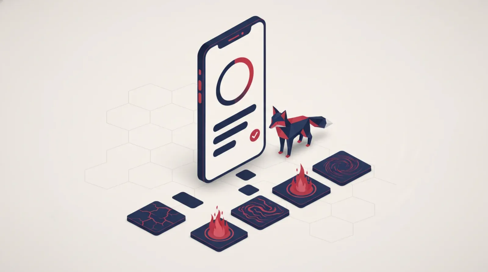 Illustration isométrique : un téléphone affichant un anneau de progression, un compagnon totem renard, et un chemin de tuiles élémentaires terre, eau, feu, air