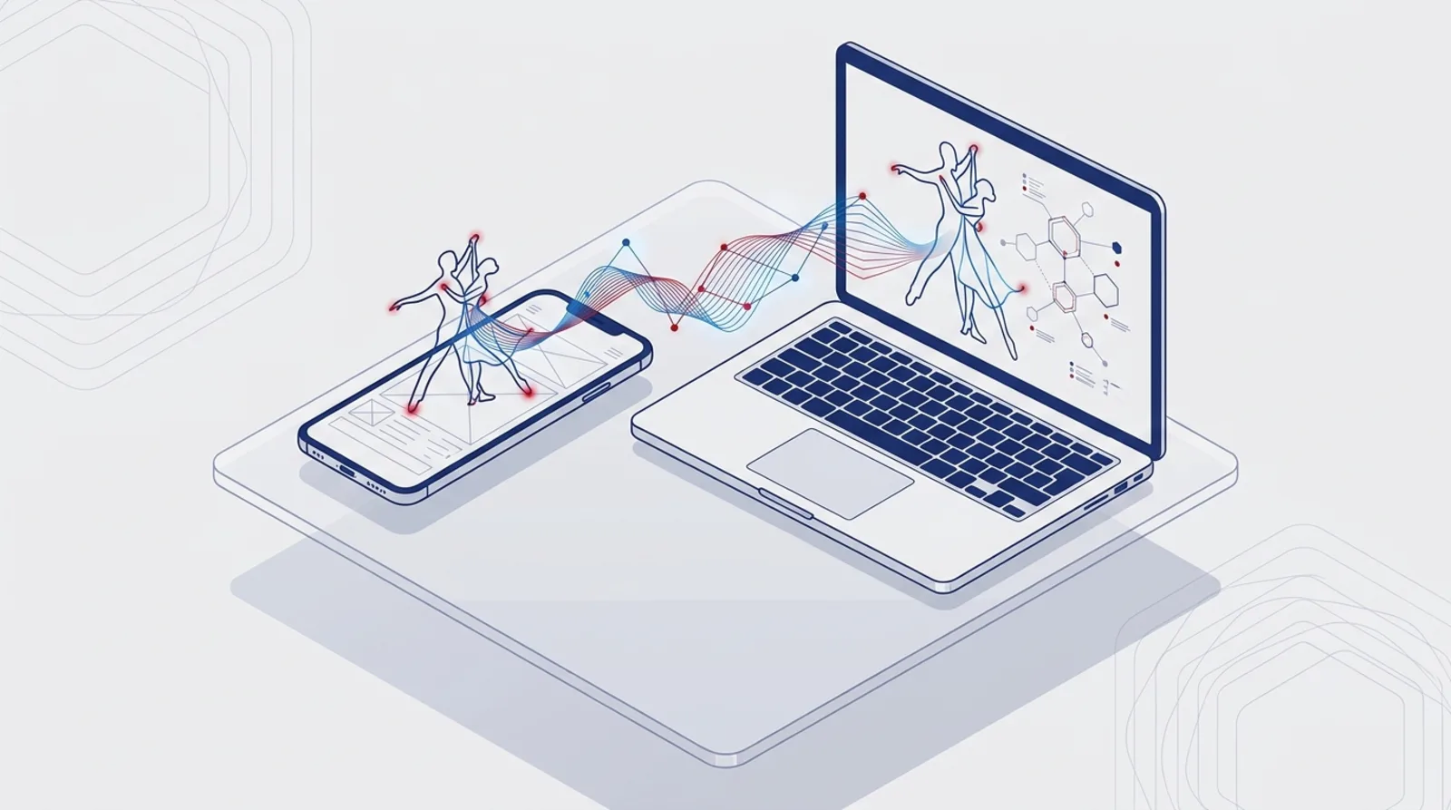 Isometric illustration: a phone and a laptop showing the KizzyDance platform, linked by a data flow between dancer silhouettes