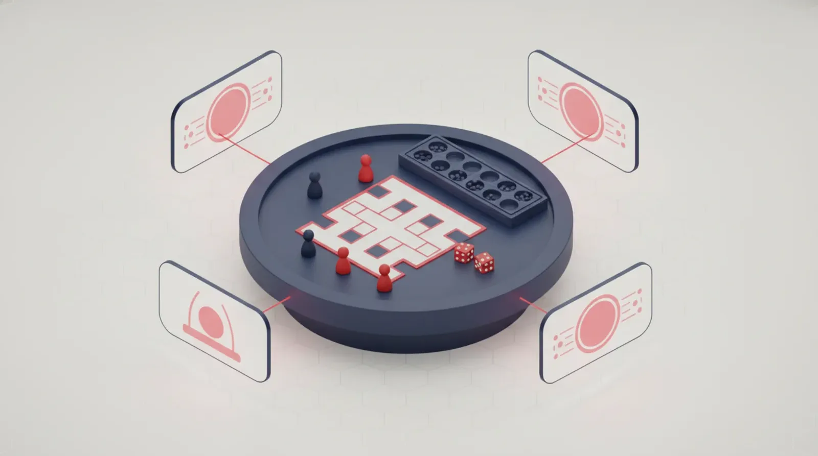 Illustration isométrique : une table de jeu ronde portant un plateau de ludo, des pions, des dés et un awalé, entourée de quatre fenêtres de visioconférence reliées par des lignes lumineuses