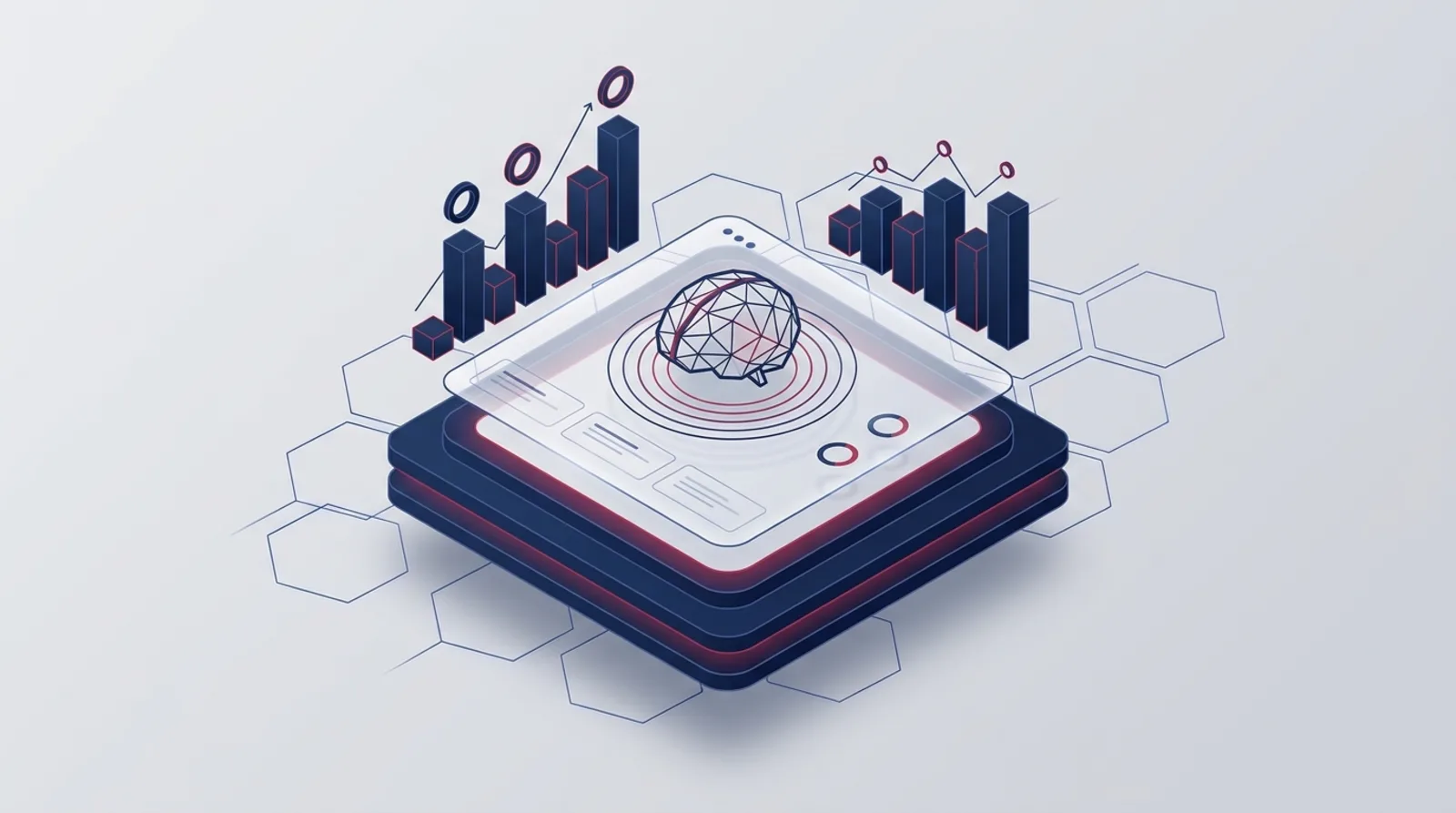 Illustration isométrique : tableau de bord de la plateforme MindMasterPro, cerveau géométrique entouré de courbes de progression